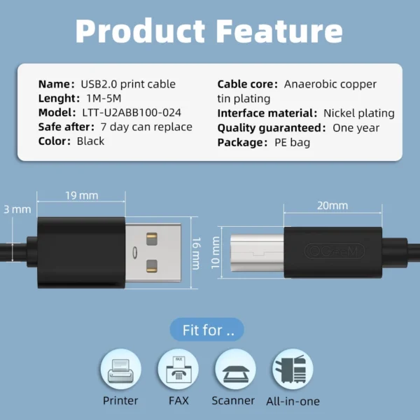 USB B Cable USB 2.0 Type A Male to B Male Scanner Printer Cable Sync Data Charger Cable for Printer for Laser Printer Sales - Image 6