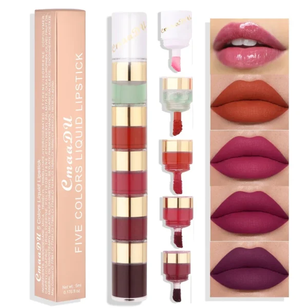 5 In 1 Matte Lipstick Kit Combo Strip Velvet Sexy Red Lip Tint Non-stick Cup Lip Gloss Lip Oil Makeup Lips Cosmetic Set