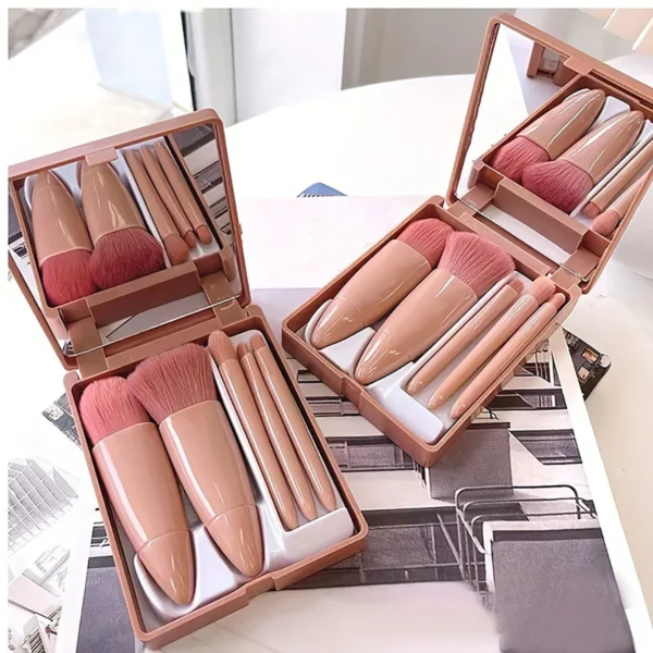 5Pcs Portable Makeup Brush Set With Mirror - Foldable Travel Kit ，Mini Makeup Brush Set Travel Makeup Brush Set - Image 2