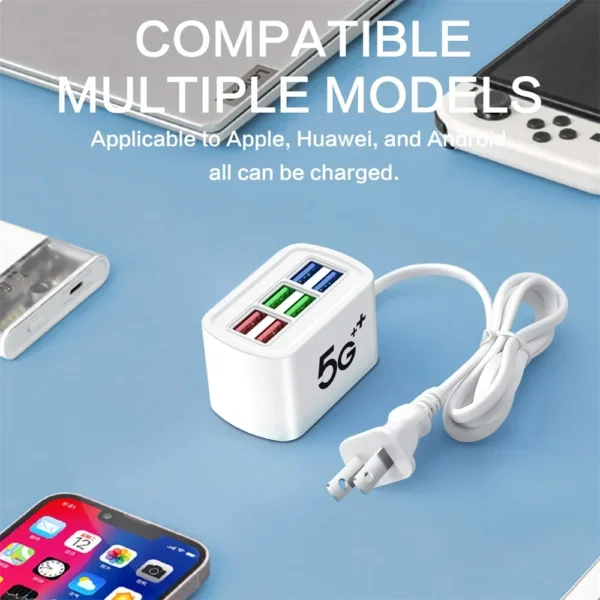 Fast USB Charger 6 in 1 Power Strip Desktop Charging Station Fast Charging 1m Cord USB HUB Adapter Socket for iPhone 16 Home - Image 2