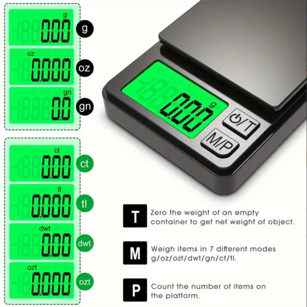 Precision Pocket Scale 1000g X 0.01g - Digital Gram Food Jewelry Ounces/Grains Scale with Backlit LCD - Mini Scale for Travel - Image 3