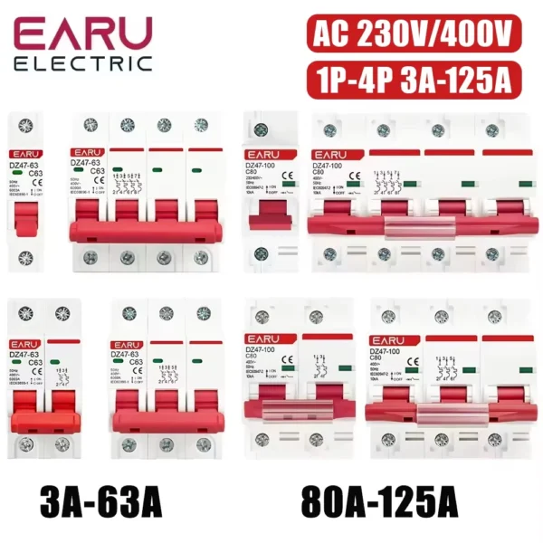 1P 2P 3P 4P DZ47 3A-125A AC 230V 400V C Type Mini Circuit Breaker MCB Short Overload Protector Din Rail Mount Breaking Capacity