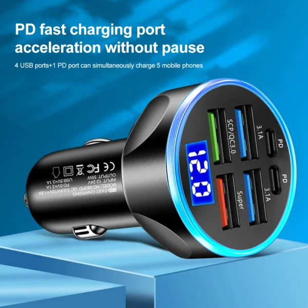 66-250W PD Car Charger QC3.0 Fast Charge One to Six Car Cigarette Lighter Plug Car Charger Flash Charge with Digital Display - Image 5