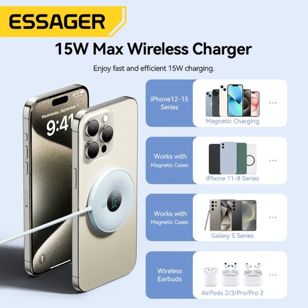 Essager 15W Magnetic Wireless Charger for iPhone 15 14 13 Pro Max Digital Display Wireless Charging Pad for Macsafe for Airpods - Image 5