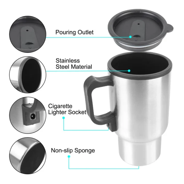 12V 450ml Electric Heating Car Kettle Water Coffee Milk Thermal Mug Camping Travel Kettle Stainless Steel Vehicle Heating Cup - Image 5