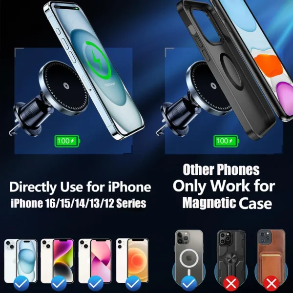 UYUXIO Magnetic Wireless Car Phone Charger Adapter 15W Air Vent Magnetic Car Phone Holder for iPhone 16 15 14 13 12 Pro Max Plus - Image 4