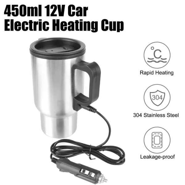 12V 450ml Electric Heating Car Kettle Water Coffee Milk Thermal Mug Camping Travel Kettle Stainless Steel Vehicle Heating Cup