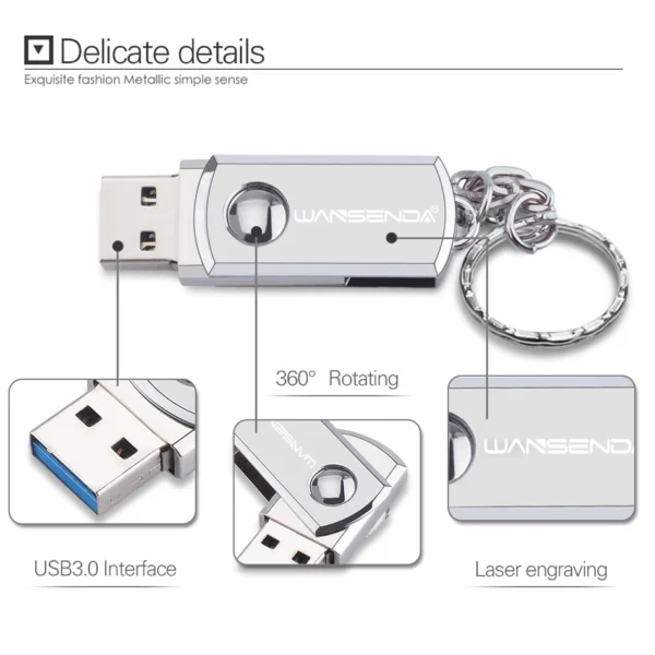 Stainless Steel USB 3.0 USB Flash Drive 256GB 128GB Rotation Pen Drive 16GB 32GB 64GB Pendrive USB Memory Stick with Keychain - Image 3