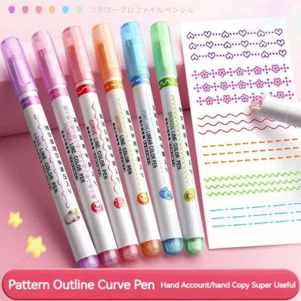 6Pcs/Set Flower Line Shape Highlighter Pen Roller Tip Curve Liner Marker Kawaii Korean Stationery School Office Supplies Gifts - Image 2