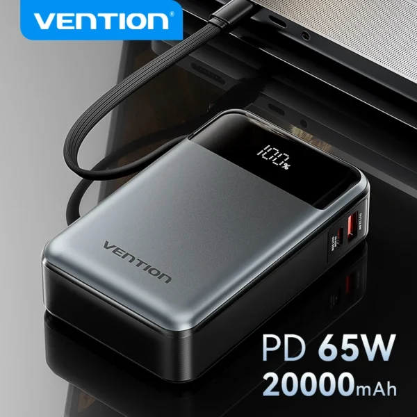 Vention 20000mAh Power Bank f or iPhone 16 15 14 65W PD Portable Fast Charging with Built-in USB Type-C Cable for Laptops Xiaomi