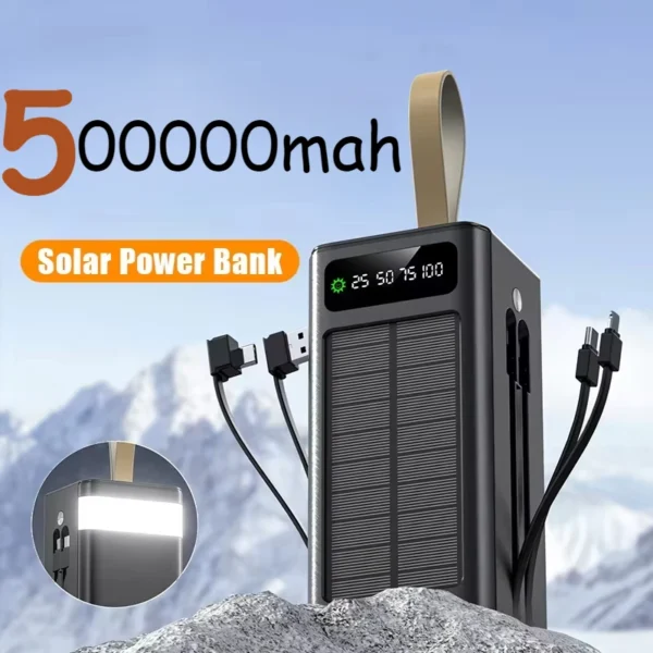 500000mAh Thick Solar Power Bank Built-in Cables Large Capacity External Battery Power Bank LED Light for iPhone Huawei