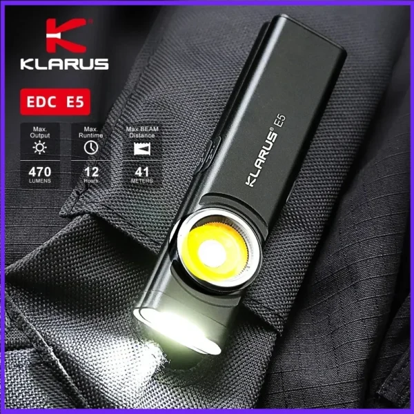 Klarus E5 COB Flashlights Magnetic Dual Light Torch 8 Lighting Modes USB C Rechargeable EDC Flashlight Strobe for Emergency Use