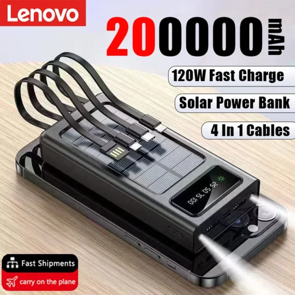 Lenovo Solar Power Bank 200000mah Built 4 Cables Portable Fast Charging Usb Ports Charger Powerbank For Iphone Xiaomi Samsung