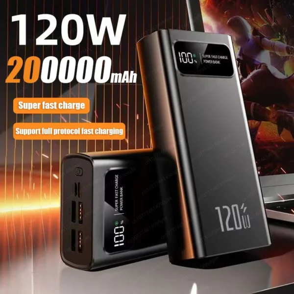 200000mAh Power Bank 120W Super Fast Charging Battery High Capacity Digital Display Power Bank For Iphone Samsung Xiaomi Huawei