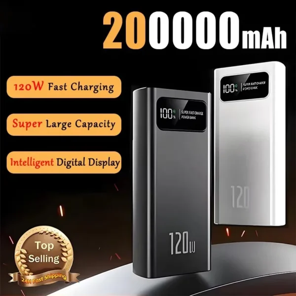 200000mAh 120W Power Bank Super Fast Charging Ultralarge Capacity Portable Digital Display External Battery For Huawei Xiaomi 15