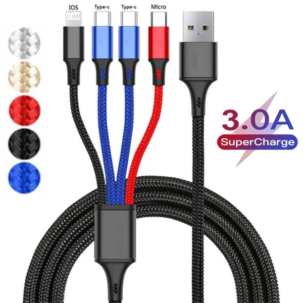 4 In 1/ 3 In 1 Micro USB Type C Fast Charging Cable 3A Quick Charge Phone Data Line Cord For Iphone 15 14 Xiaomi Huawei USB C