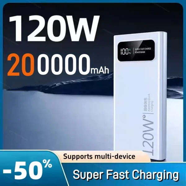 200000mAh Power Bank 120W Super Fast Charging Battery High Capacity Digital Display Power Bank For Iphone Samsung Huawei New