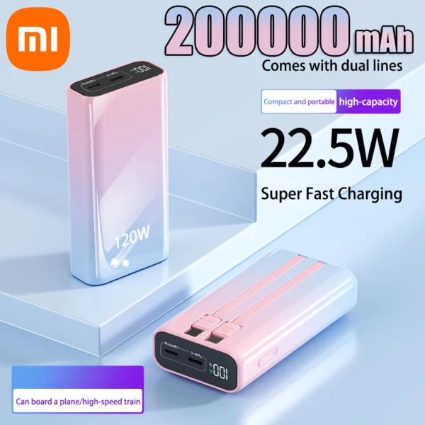 Xiaomi Power Bank Portable 200000mah Large Capacity PowerBank Built-in Wire 120W Super Fast Charging For Samsung Iphone Huawei