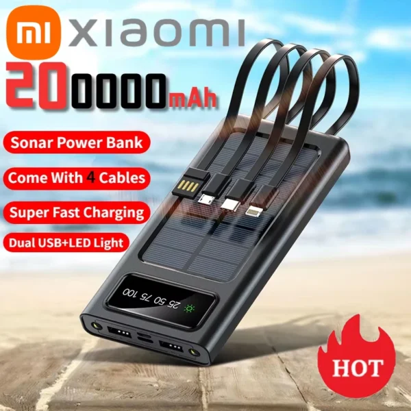 Xiaomi 200000mAh Solar Power Bank Built-in 4 Cables Large Capacity Two-way Fast Charging External Battery LED Light Powerbank