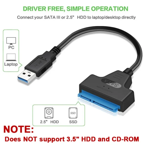 SATA to USB 3.0 / 2.0 Cable Up to 6 Gbps for 2.5 Inch External HDD SSD Hard Drive SATA 3 22 Pin Adapter USB 3.0 to Sata III Cord - Image 5