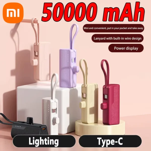 Xiaomi 50000mah Mini Portable Capsule Power Bank Built-in Lanyard Mobile Power External Battery Fast Charger For Type-c Iphone